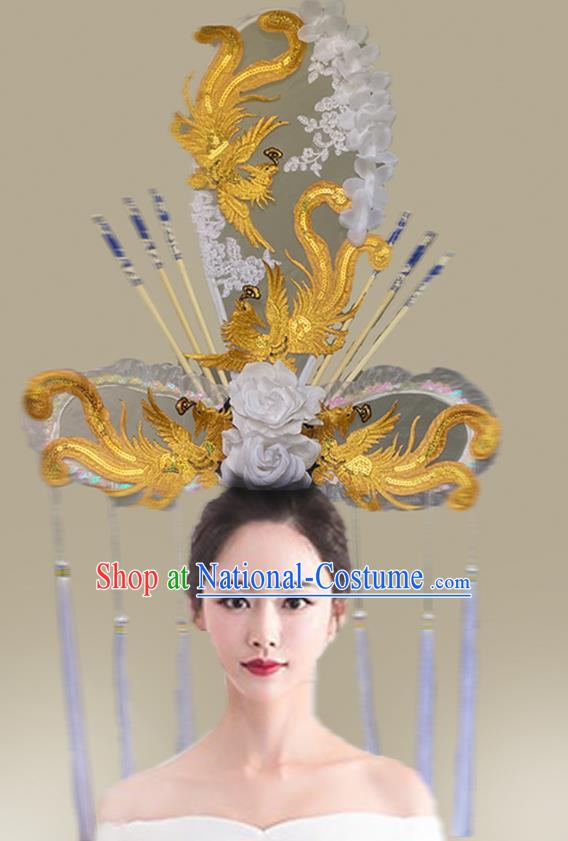 Chinese Style Blue And White Porcelain Headdress Catwalk Model Competition Exaggerated Makeup Modeling National Tide White Ancient Style Cheongsam Hair Accessories