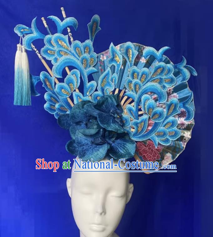 Chinese Style Blue And White Fan Shaped Porcelain Ancient Style Catwalk Model Competition Photography Exaggerated Headdress Hair Accessories