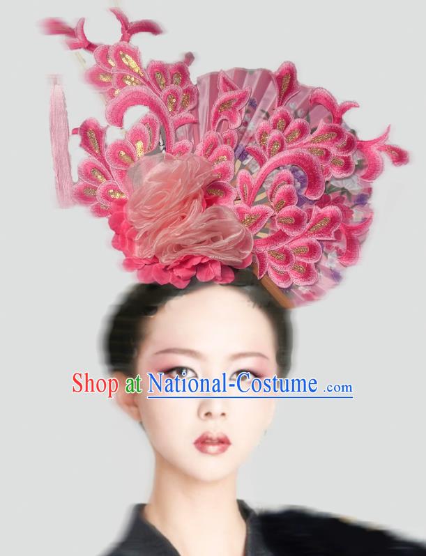 Chinese Style Blue And White Fan Shaped Porcelain Ancient Style Catwalk Model Competition Photography Exaggerated Headdress Hair Accessories