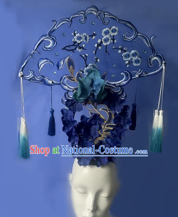 Chinese Style Blue And White Porcelain Blue National Tide Ancient Style Catwalk Model Competition Exaggerated Headdress Hair Accessories