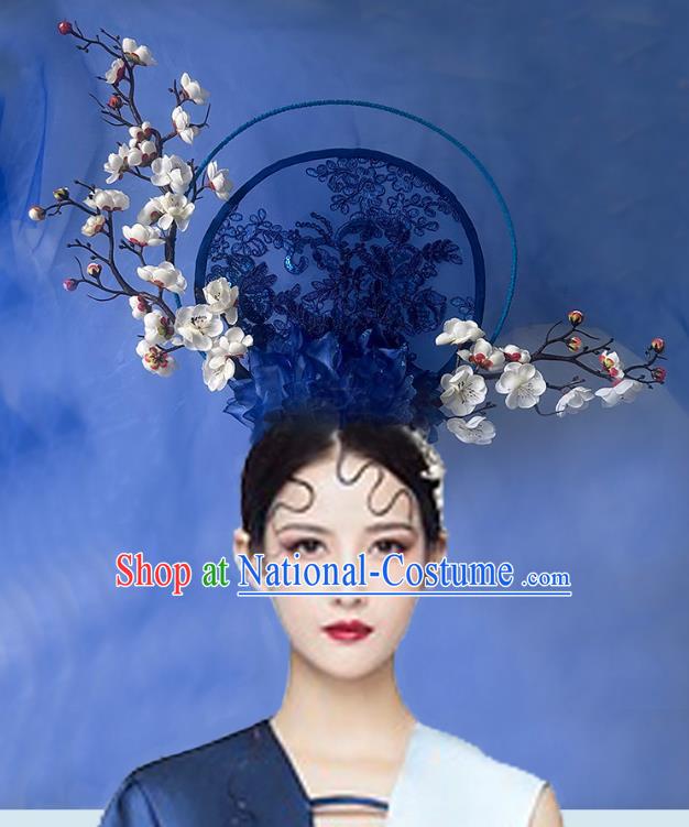 Chinese Style Blue And White Porcelain Blue National Tide Ancient Style Catwalk Model Competition Exaggerated Headdress Hair Accessories