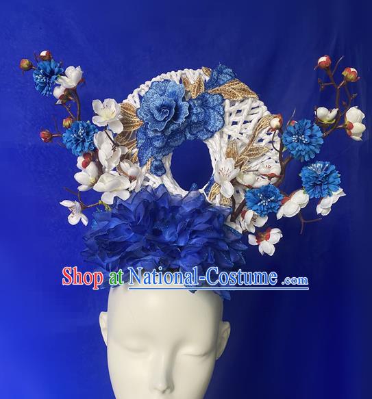 Chinese Style Blue And White Porcelain Blue National Tide Ancient Style Catwalk Model Competition Exaggerated Headdress Hair Accessories