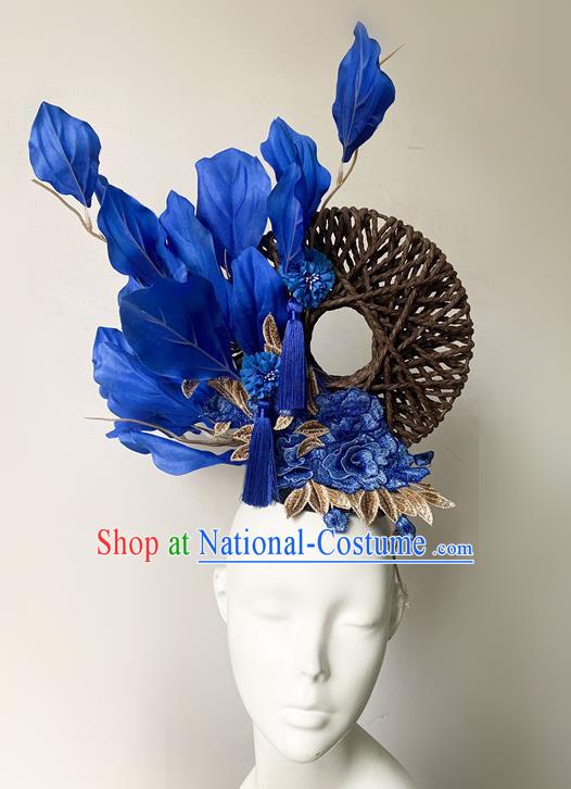 Chinese Style Blue And White Porcelain Blue National Tide Ancient Style Catwalk Model Competition Exaggerated Headdress Hair Accessories