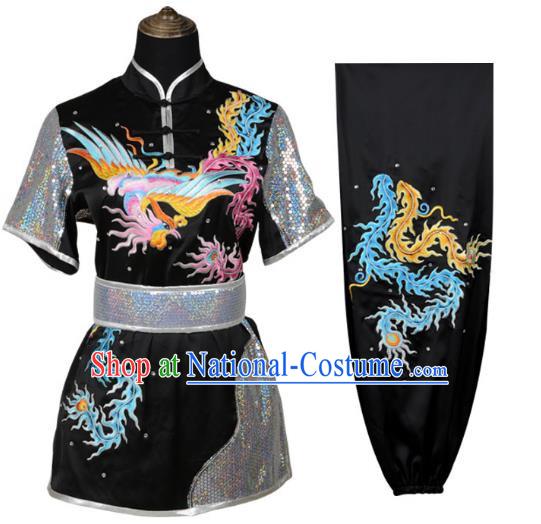 Black Martial Arts Clothing Embroidered Phoenix Performance Clothing Competition Clothing Long Boxing Clothing Practice Clothing For Women, Boys And Children