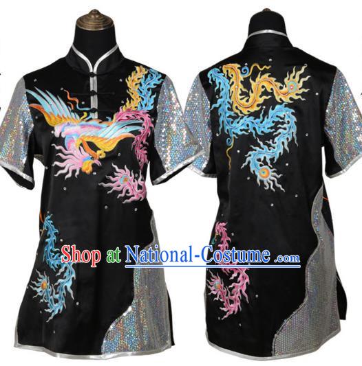 Black Martial Arts Clothing Embroidered Phoenix Performance Clothing Competition Clothing Long Boxing Clothing Practice Clothing For Women, Boys And Children