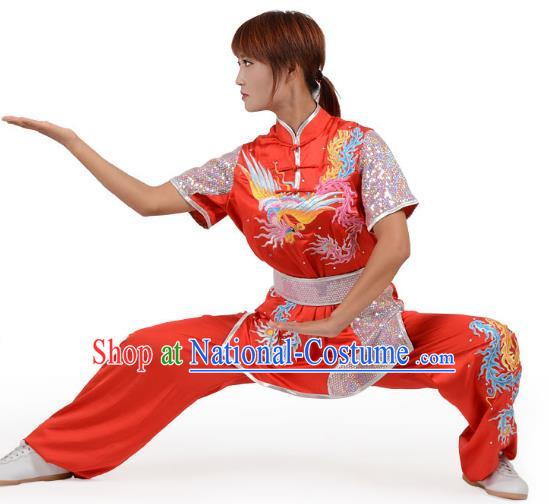 Red Martial Arts Clothing Embroidered Phoenix Performance Clothing Competition Clothing Long Boxing Clothing Practice Clothing For Women, Boys And Children