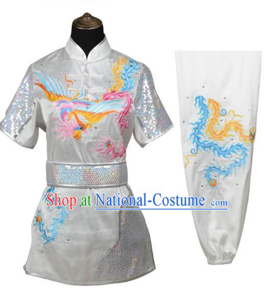 White Martial Arts Clothing Embroidered Phoenix Performance Clothing Competition Clothing Long Boxing Clothing Practice Clothing For Women, Boys And Children