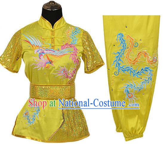 Yellow Martial Arts Clothing Embroidered Phoenix Performance Clothing Competition Clothing Long Boxing Clothing Practice Clothing For Women, Boys And Children