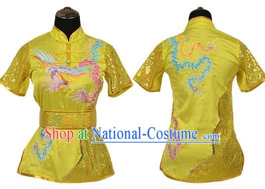 Yellow Martial Arts Clothing Embroidered Phoenix Performance Clothing Competition Clothing Long Boxing Clothing Practice Clothing For Women, Boys And Children