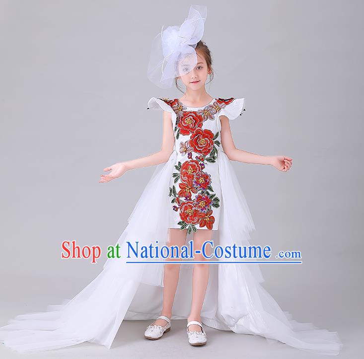 Children Catwalks Embroidered Costume Stage Show Princess Clothing Girl Compere White Full Dress