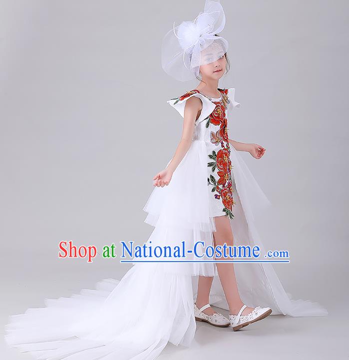 Children Catwalks Embroidered Costume Stage Show Princess Clothing Girl Compere White Full Dress