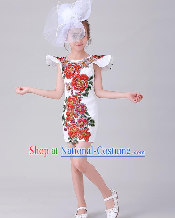 Children Catwalks Embroidered Costume Stage Show Princess Clothing Girl Compere White Full Dress