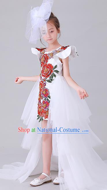 Children Catwalks Embroidered Costume Stage Show Princess Clothing Girl Compere White Full Dress