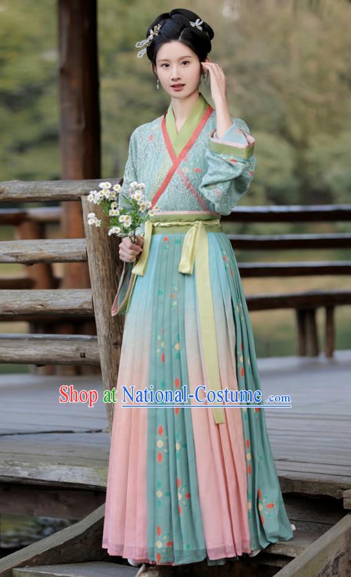 China Ancient Young Woman Green Dresses Jin Dynasty Female Clothing Traditional Hanfu Blouse and Skirt Complete Set