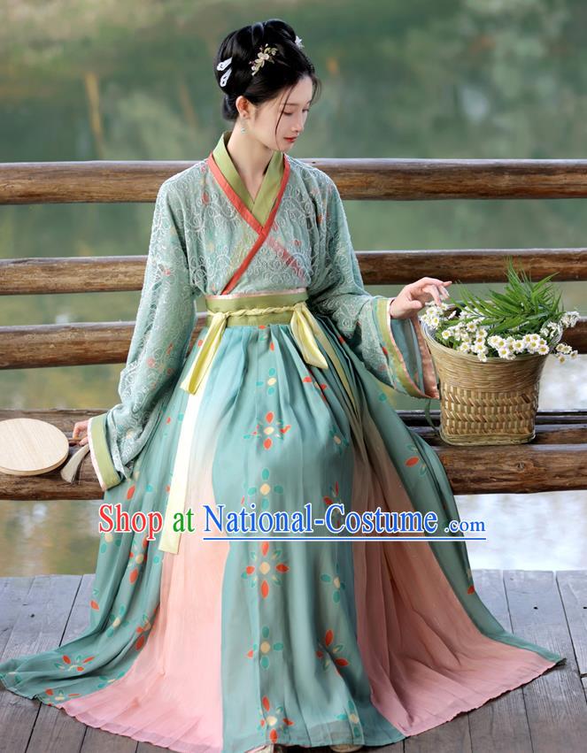 China Ancient Young Woman Green Dresses Jin Dynasty Female Clothing Traditional Hanfu Blouse and Skirt Complete Set