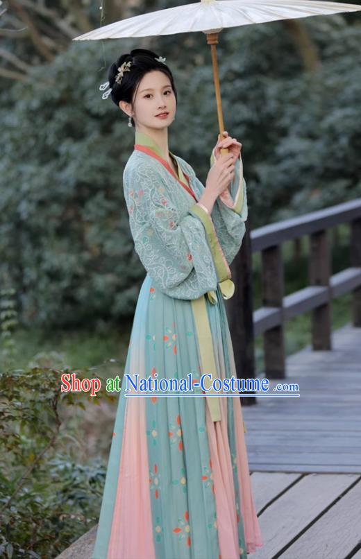 China Ancient Young Woman Green Dresses Jin Dynasty Female Clothing Traditional Hanfu Blouse and Skirt Complete Set