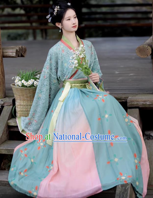 China Ancient Young Woman Green Dresses Jin Dynasty Female Clothing Traditional Hanfu Blouse and Skirt Complete Set