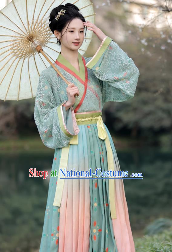 China Ancient Young Woman Green Dresses Jin Dynasty Female Clothing Traditional Hanfu Blouse and Skirt Complete Set