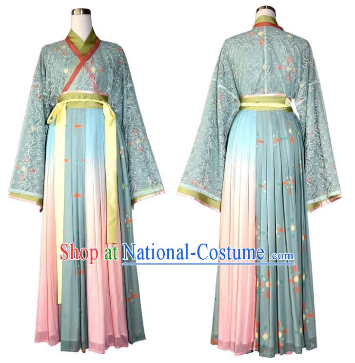 China Ancient Young Woman Green Dresses Jin Dynasty Female Clothing Traditional Hanfu Blouse and Skirt Complete Set