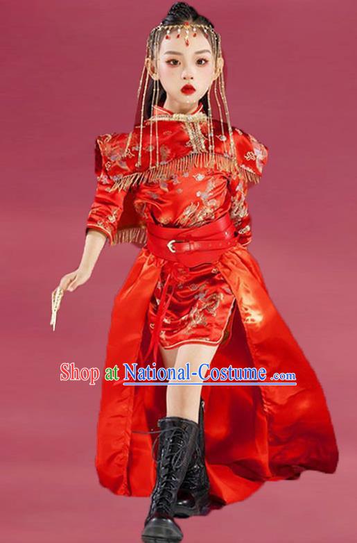 Girls Cheongsam Chinese Trend Clothing National Tide Catwalk Dress Skirt Suit Red Model Costumes Children Republic Of China Style