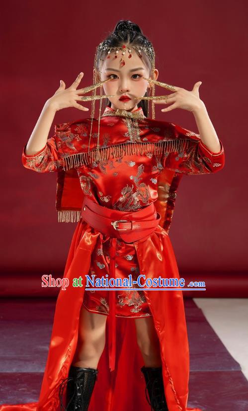 Girls Cheongsam Chinese Trend Clothing National Tide Catwalk Dress Skirt Suit Red Model Costumes Children Republic Of China Style