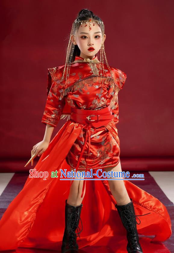 Girls Cheongsam Chinese Trend Clothing National Tide Catwalk Dress Skirt Suit Red Model Costumes Children Republic Of China Style