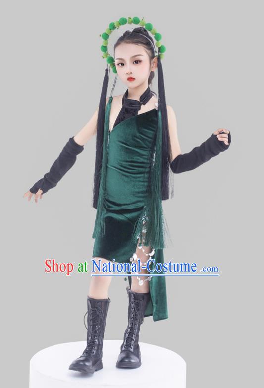 Girls Dark Green Cheongsam Suit Beijing Opera Elements Chinese Style Republic Of China Style Children Dress Catwalk