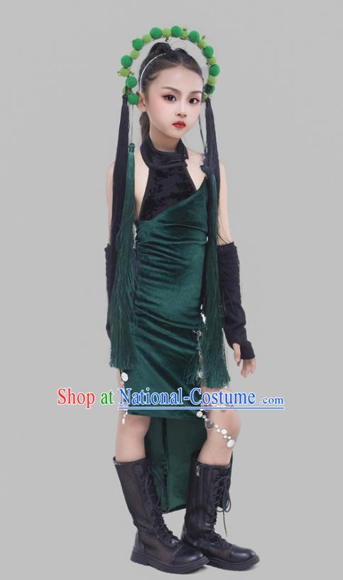 Girls Dark Green Cheongsam Suit Beijing Opera Elements Chinese Style Republic Of China Style Children Dress Catwalk