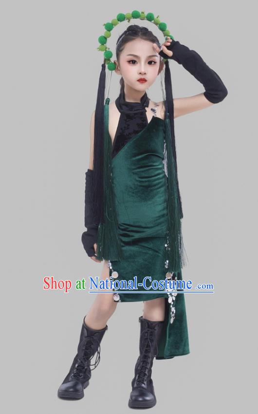 Girls Dark Green Cheongsam Suit Beijing Opera Elements Chinese Style Republic Of China Style Children Dress Catwalk