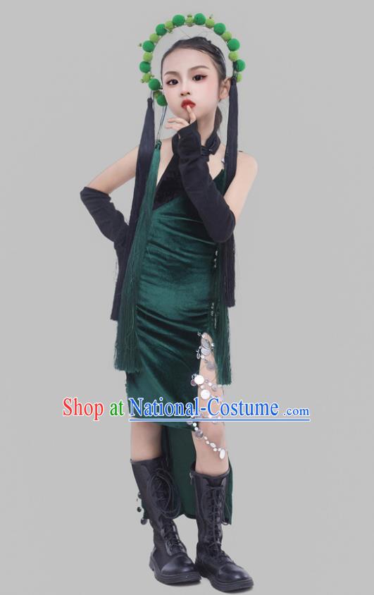 Girls Dark Green Cheongsam Suit Beijing Opera Elements Chinese Style Republic Of China Style Children Dress Catwalk