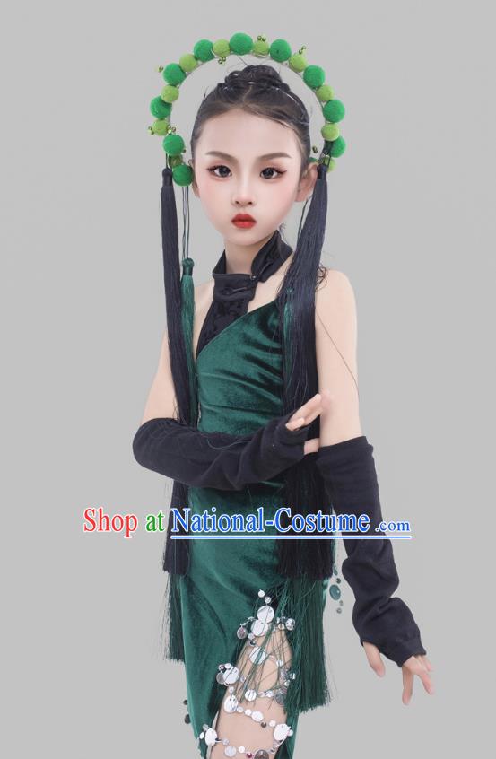 Girls Dark Green Cheongsam Suit Beijing Opera Elements Chinese Style Republic Of China Style Children Dress Catwalk