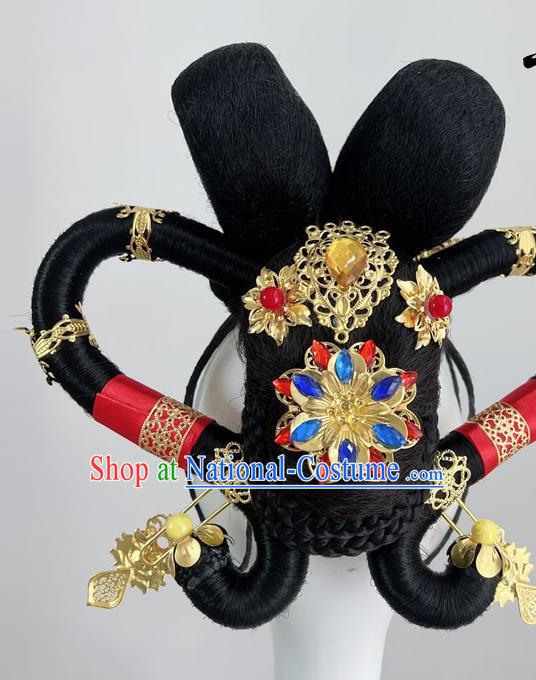 Chinese Classical Dance Han And Tang Style Noble Concubine Atmospheric Dance Performance Gold Hairpin Red Rope Wig Hair Bun Hair Accessories