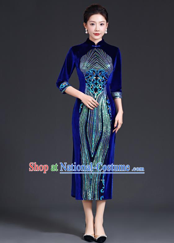 Chinese Style Sapphire Blue Catwalk Cheongsam Long Three Quarter Sleeve Velvet Mother Model Team Costume