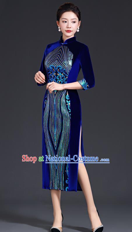 Chinese Style Sapphire Blue Catwalk Cheongsam Long Three Quarter Sleeve Velvet Mother Model Team Costume