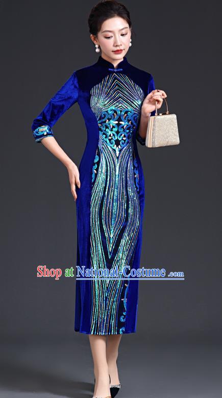 Chinese Style Sapphire Blue Catwalk Cheongsam Long Three Quarter Sleeve Velvet Mother Model Team Costume