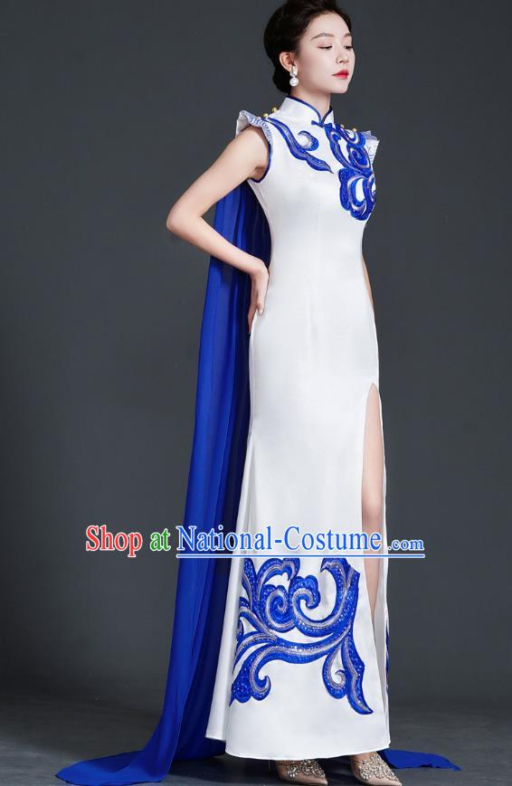 Chinese Style Top Cheongsam Dress Cape Long Fishtail Slim Model Catwalk Costume Blue And White