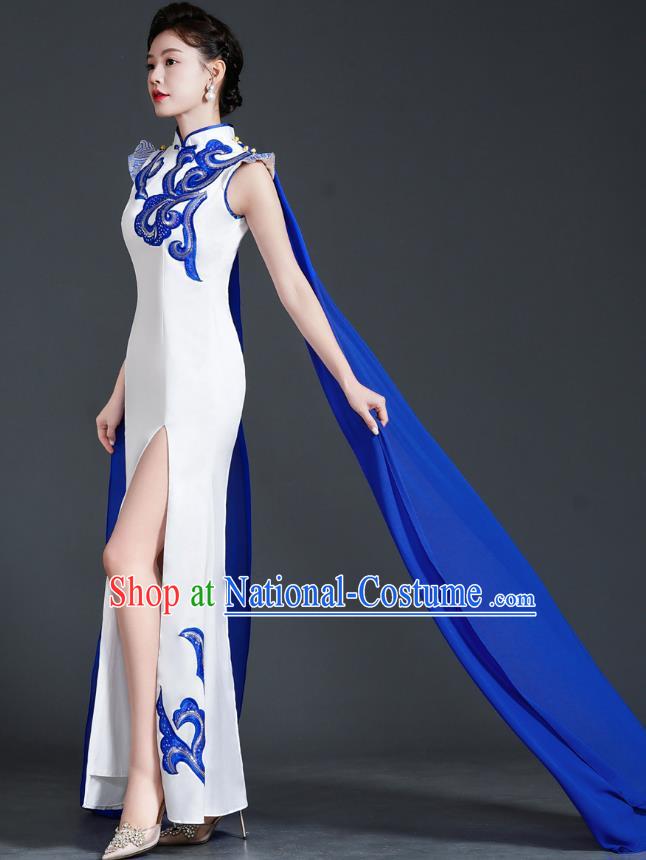 Chinese Style Top Cheongsam Dress Cape Long Fishtail Slim Model Catwalk Costume Blue And White