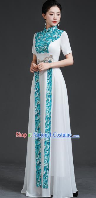 Chinese Style Top Retro Banquet Evening Dress Long White Large Chorus Model Catwalk Costume Chiffon Skirt