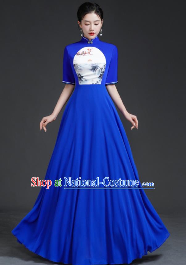 Top Chinese Style Model Catwalk Performance Costume Long Annual Meeting Evening Dress Blue Dress