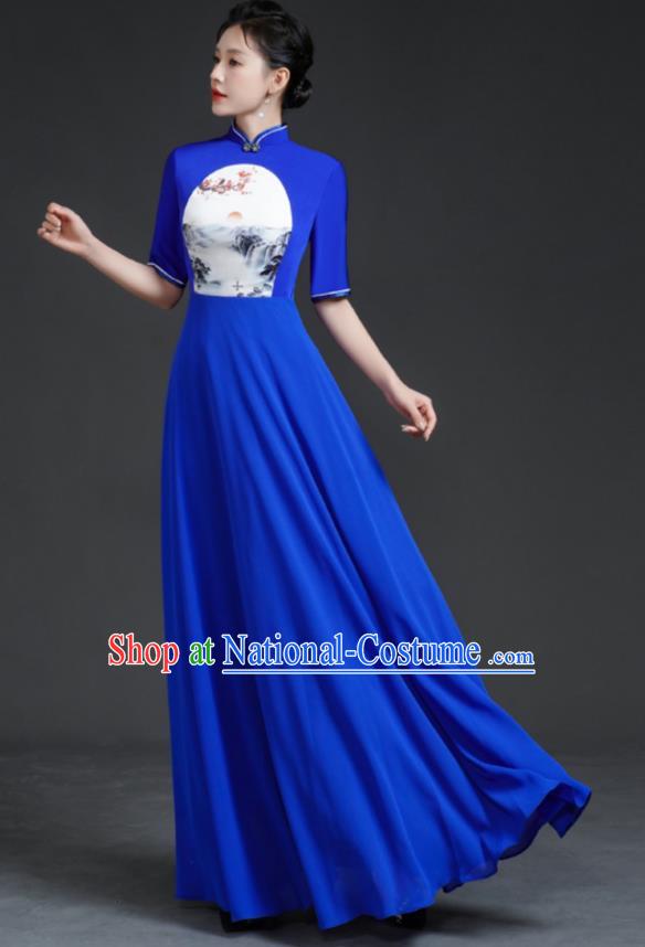 Top Chinese Style Model Catwalk Performance Costume Long Annual Meeting Evening Dress Blue Dress