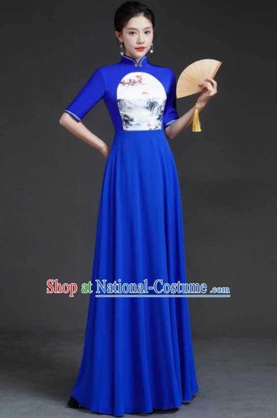 Top Chinese Style Model Catwalk Performance Costume Long Annual Meeting Evening Dress Blue Dress