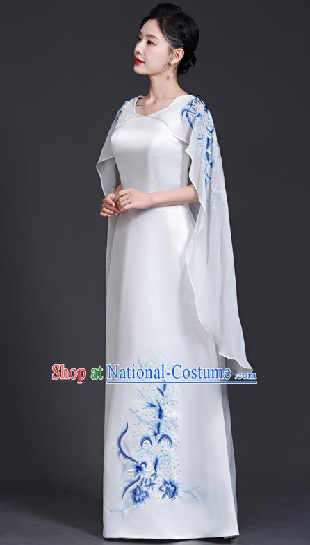 Top Chinese Style Blue And White Porcelain Cheongsam Adult Guzheng Performance Clothing Elegant Model Catwalk White Dress