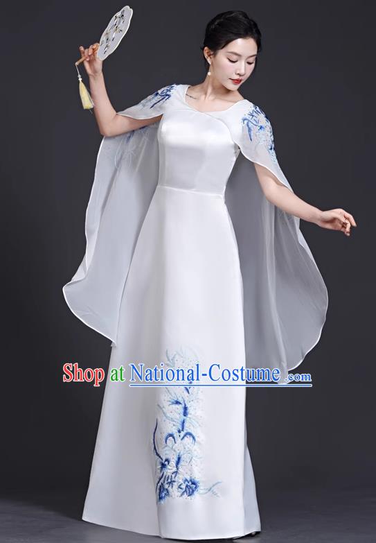 Top Chinese Style Blue And White Porcelain Cheongsam Adult Guzheng Performance Clothing Elegant Model Catwalk White Dress