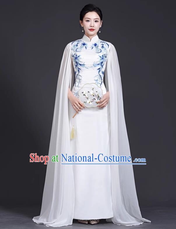 Top Stage Catwalk Costumes Long Guzheng Water Sleeve Dance Blue And White Porcelain Cheongsam Chinese Style White Dress Embroidery