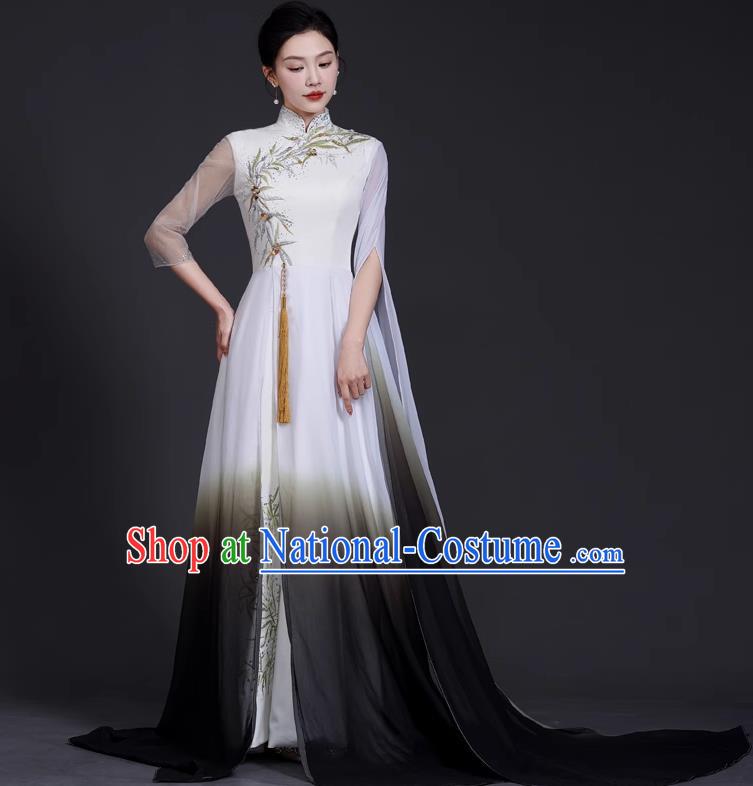 Top National Tide Style Banquet Evening Dress Long Model Catwalk Cheongsam Guzheng Art Test Solo Dress Embroidery