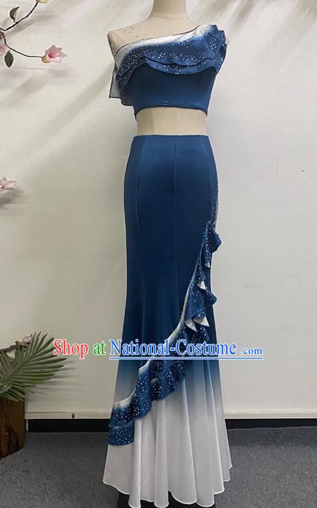 Dark Blue Dai Dance Performance Costumes Custom Made Self Cultivation Fishtail Swing Peacock Dance Art Test Practice Stage Performance Costumes