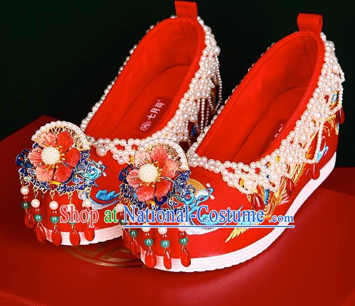 Xiuhe Wedding Shoes Zhenghong Phoenix Beaded Chinese Style Bridal Embroidered Shoes Ming Dynasty Hanfu