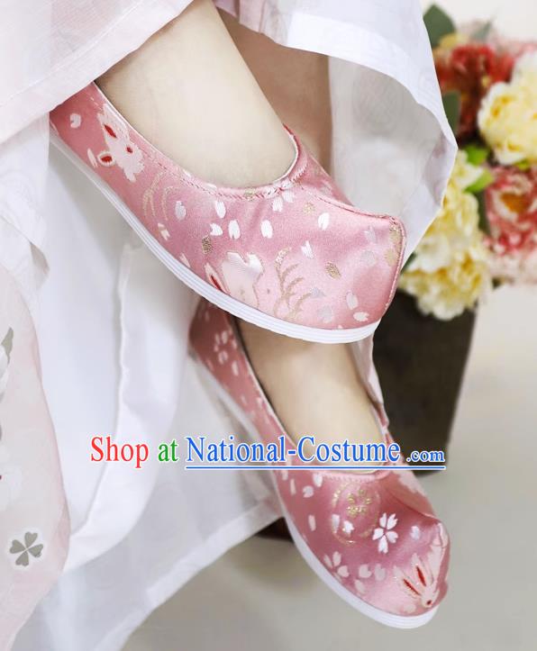 Hanfu Shoes Ancient Style Flat Heel Round Toe Soft Sole Shoes Ming Dynasty Horse Face Ancient Costume Women Cloth Shoes Pink