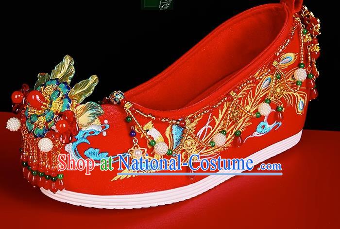 Handmade Xiuhe Clothing Wedding Shoes 6cm Bride Red Hanfu Shoes Female Embroidery