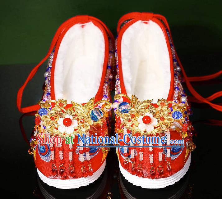 Handmade Beaded Tassel Wedding Shoes Xiuhe Clothing Matching Shoes Red Chinese Wedding Hanfu Shoes